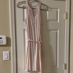 Sleeveless Striped Belted Dress in Soft Pink and Cream